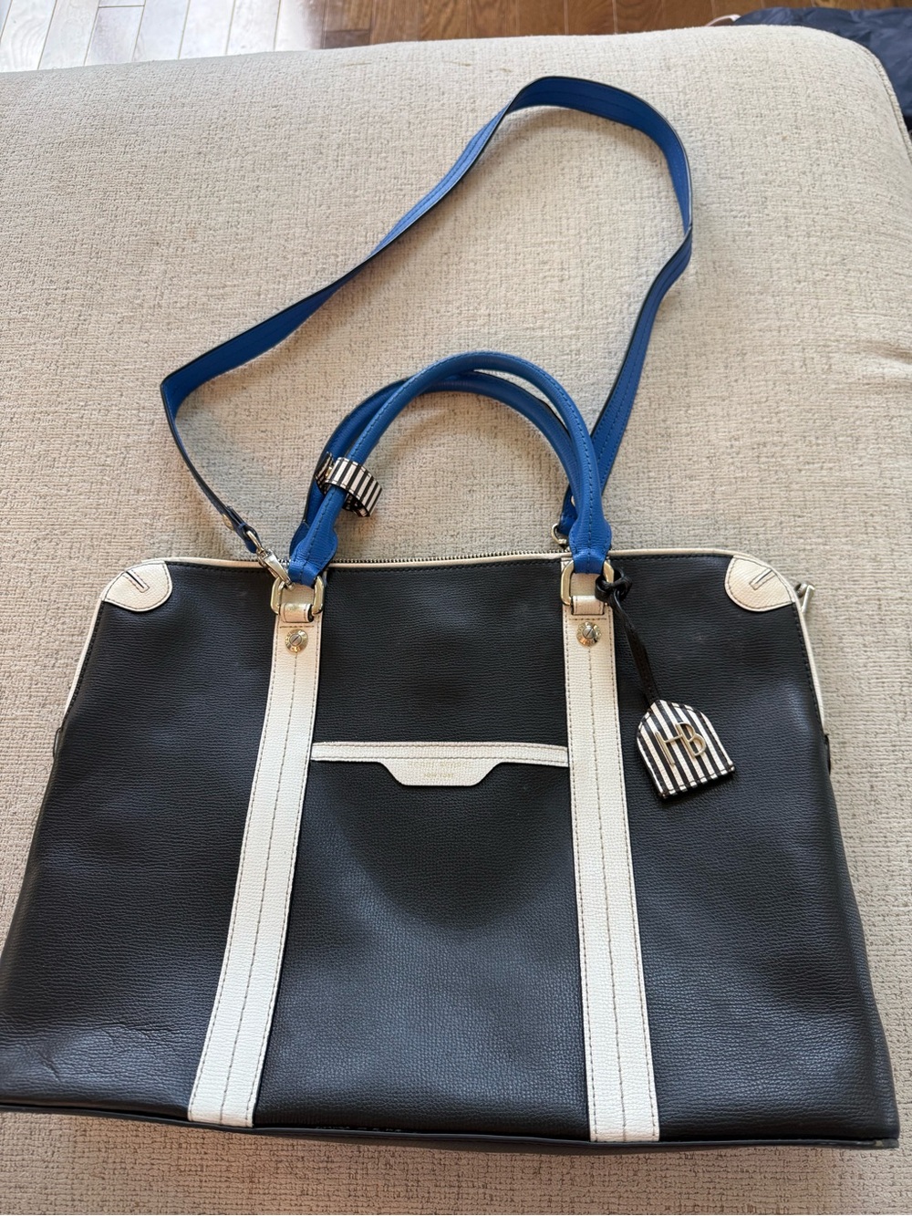 Henri Bendel Color Block Black and White Tote Bag with Blue Handles Minor wear - Picture 1 of 16